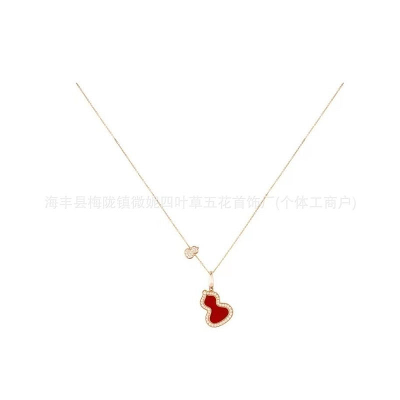 V金高級版ひょうたんネックレス、厚めの18Kローズゴールドメッキ、天然レッドカルセドニーと白蝶貝のペンダント、ダイヤモンドをあしらったダブルひょうたん|undefined