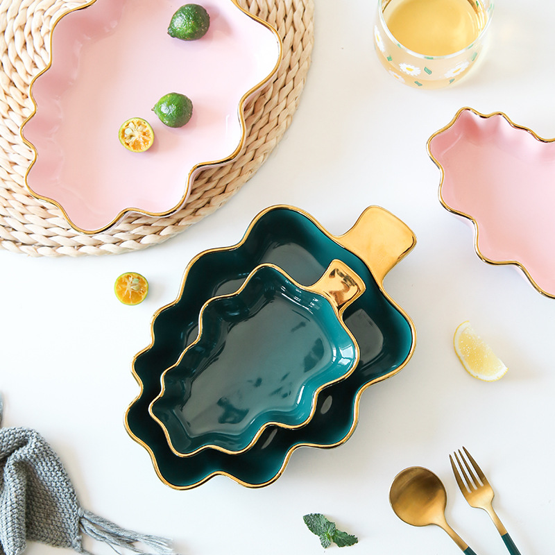 Nordic Golden Border Ceramic Household Caudi Plate INS Internet Red Breakfast Cake Sweet Small Discs Sakura Pan