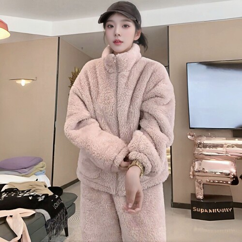 Ladies' Autumn/Winter Coral Fleece-lined Warm Medium-thickness Set Zipper Casual Homecoming Suit with High Collar, Can Be Worn Outside, Couple's Style