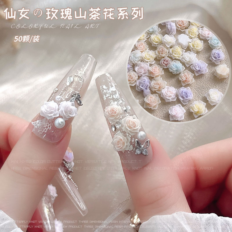 Soft Carved Camellia Nail Art Jewelry Mixed Artificial Flowers Pink White Purple Camellia Nail Stickers Diamond DIY Accessories