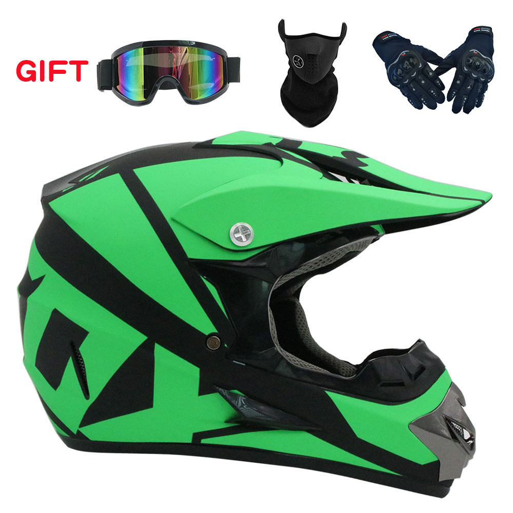 Off-Road Mountain Motorcycle, Motuoche Motosiklet kaskı (dəbilqə) - matte-green-21-goggles-mask-black-gloves-s