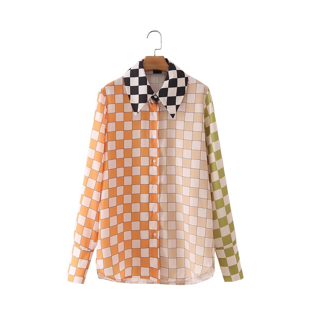 autumn color matching checkerboard print blouse nihaostyles wholesale clothing NSAM80998