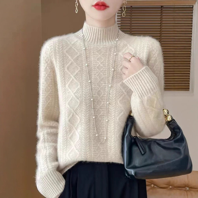 Cashmere Sweater Women's 24 Autumn and Winter New Half High Collar Base Shirt Thickened Knitted Sweater Inner Jacket Loose Solid Color Linen Cashmere Sweater Women's 24 Autumn and Winter New Half High Collar Base Shirt Thickened Knitted Sweater Inner Jacket Loose Solid Color Linen