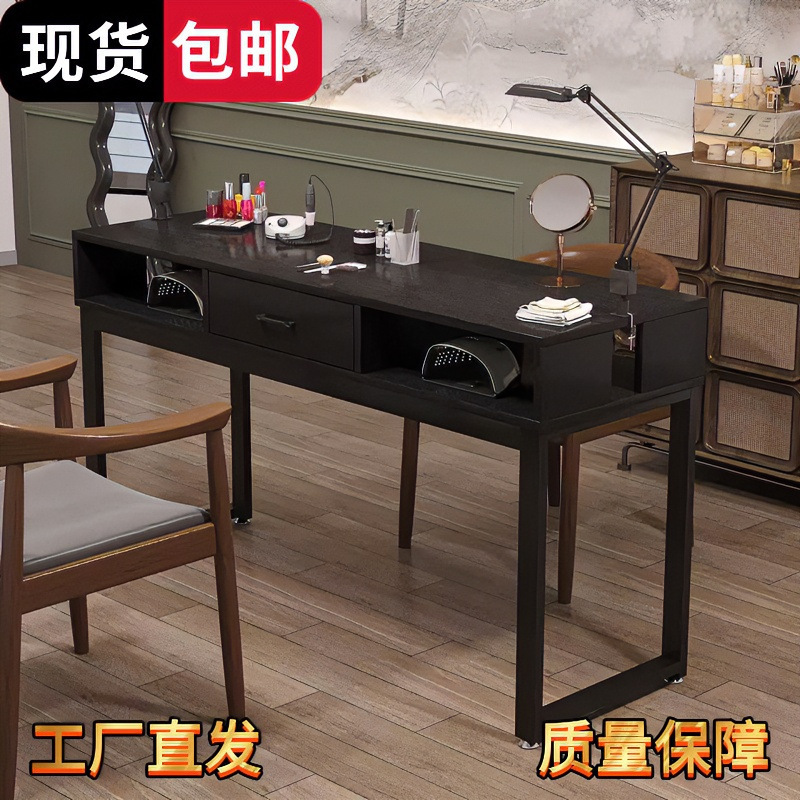 Double-drawer storage manicure table, modern minimalist double-layer thickened long table, vintage manicure table with upgraded clamp lamp hole Double-drawer storage manicure table, modern minimalist double-layer thickened long table, vintage manicure table with upgraded clamp lamp hole