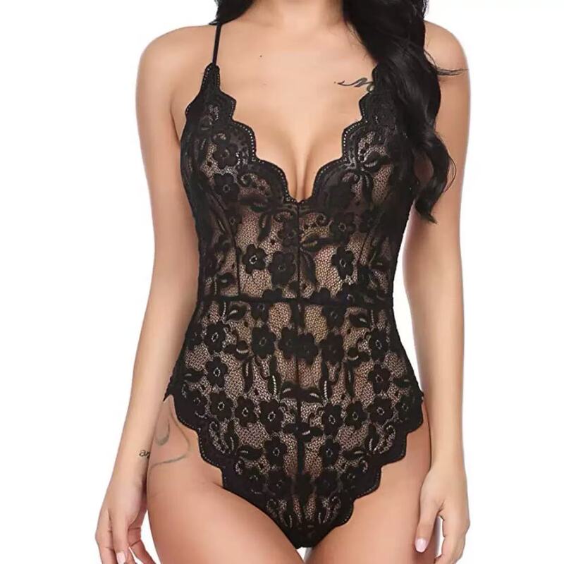 Manufacturer Wholesale Amazon Aliexpress Popular Women's One-Piece Intimates Deep V Teddy Sexy Lace Jumpsuit