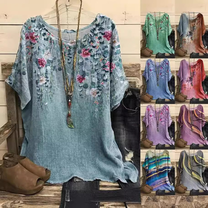 # European and American Foreign Trade New Women's Clothing Amazon Casual Loose Fashion Hot Selling Short Sleeve Element Printed Round Neck Top