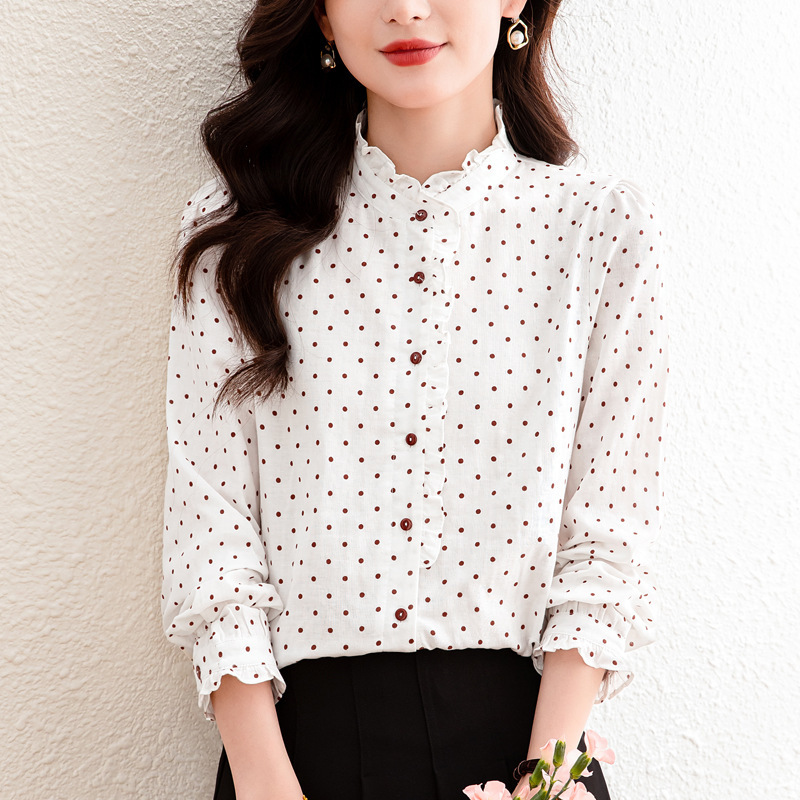 Boutique Silk Shirt for Women 2026 Spring/Summer New Fashion Lace Polka Dot Blouse Versatile Elegant Top for Ladies