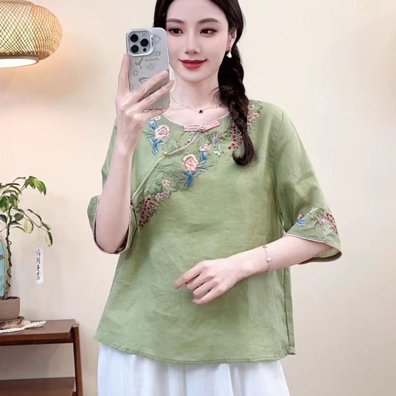 新中式民族风棉麻中袖上衣夏季新款设计感重工刺绣T恤文艺复古女|undefined