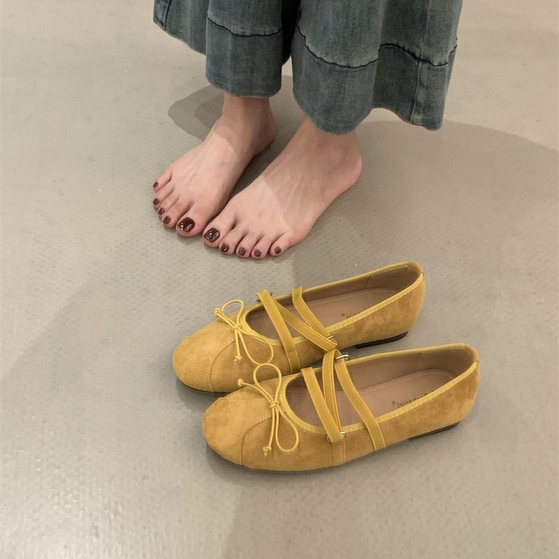 黄色芭蕾舞单鞋女平底2025新款夏秋季蝴蝶结玛丽珍女鞋温柔晚晚鞋