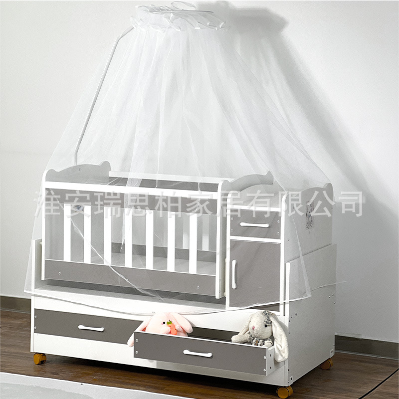 Multifunctional Baby Crib with Mosquito Net, Storage Space, Wooden Changing Table, Newborn Baby Rocking Bed, Cross-Border Factory