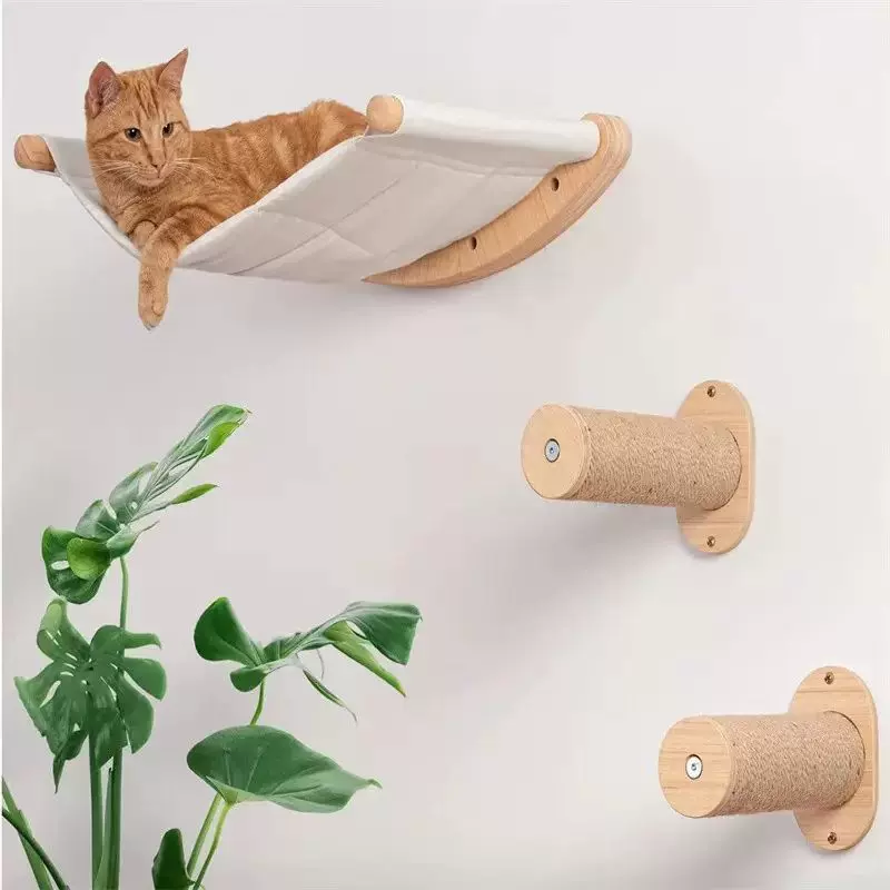 实木壁挂式猫爬架墙面木制装饰猫咪跳板猫抓柱猫咪墙上一体猫床