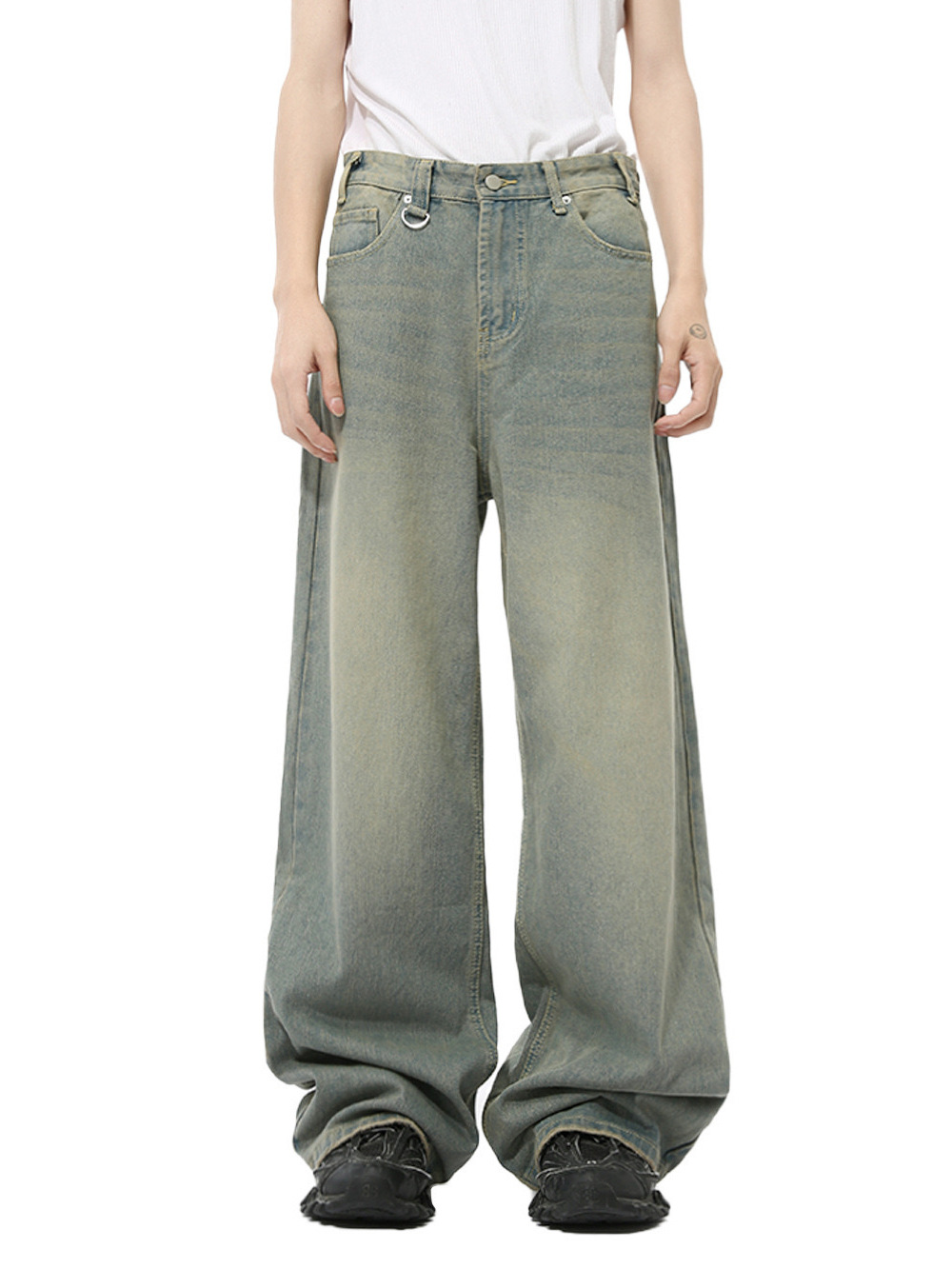 MTLCLOTHES Hombres| Nuevos productos de otoño retro cemento verde colgante sensación de caída rectas pantalones jeans de piernas anchas sueltos