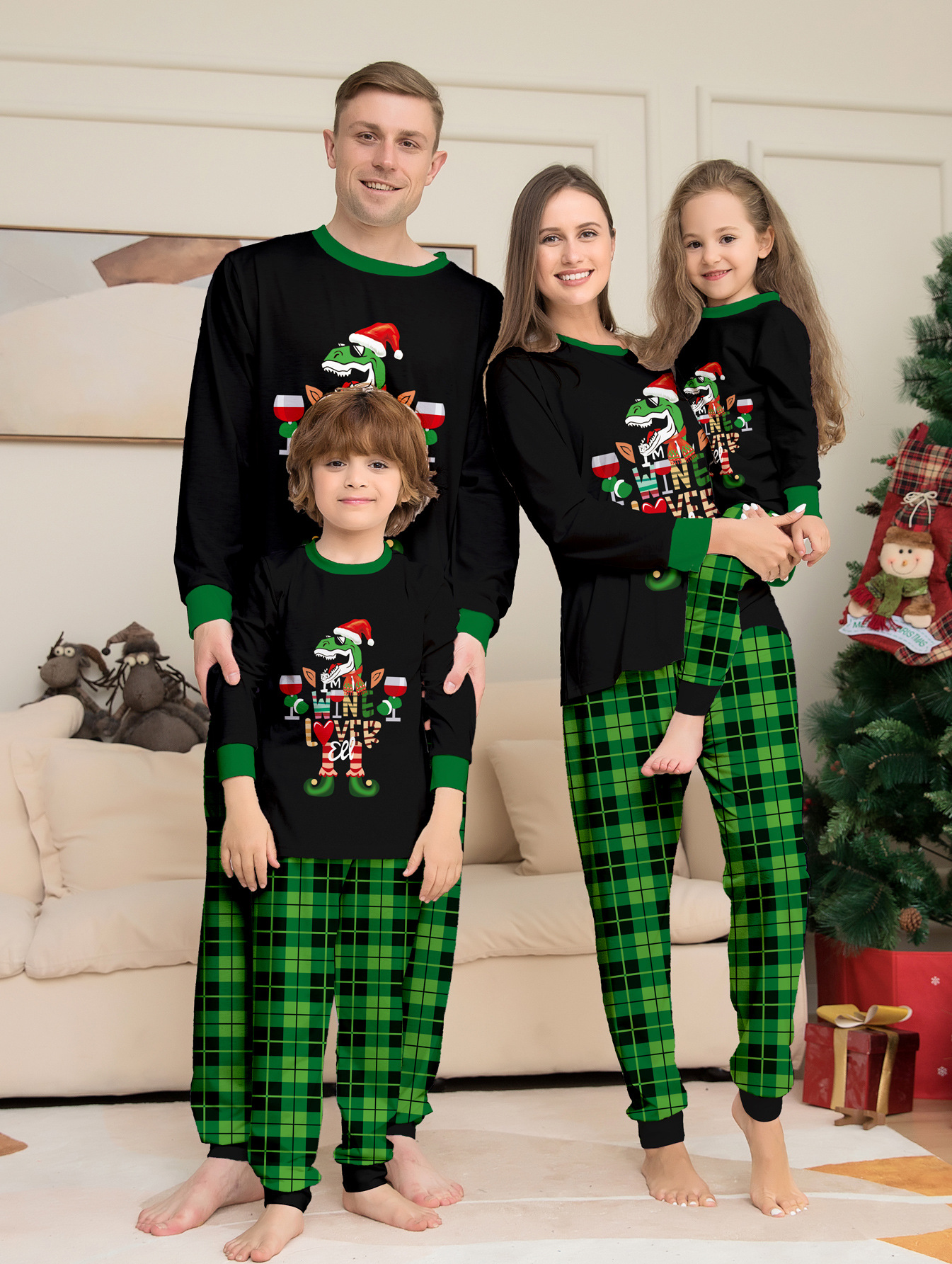 Weihnachts-Dinosaurier-Buchstaben Weihnachts-Familienanzug bedrucktes Homewear-Pyjama-Set_voghion.com