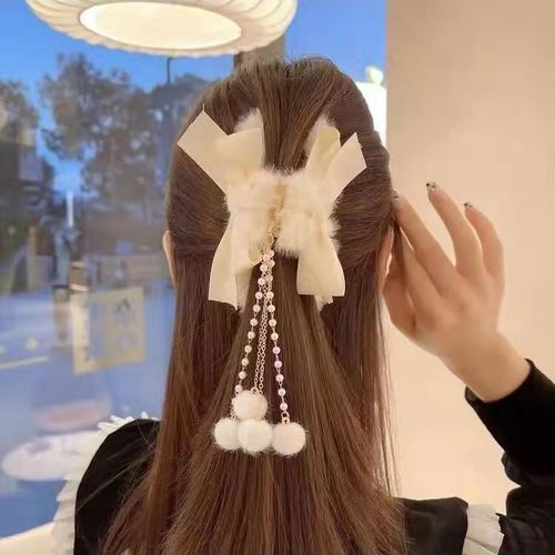 New Autumn/Winter Fringe Pom-Pom Butterfly Bow Hair Clip for Updo Hairstyle, Hairpin Shark Clip Fashion Hair Accessories