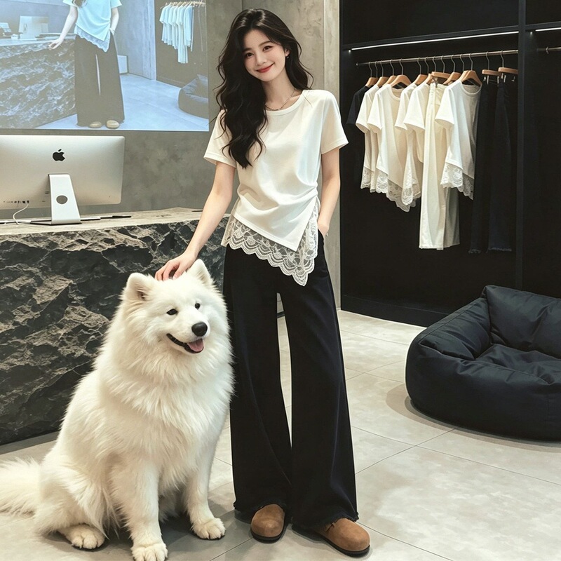 White Lace Splicing Irregular Hem Short-Sleeved T-Shirt 2026 New Summer Beautiful Top for Women