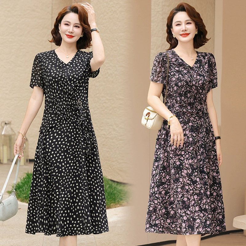 Летнее платье для мамы, достойное и элегантное платье с короткими рукавами и цветочным принтом, платье для среднего и пожилого возраста, закрывающее талию, женское платье