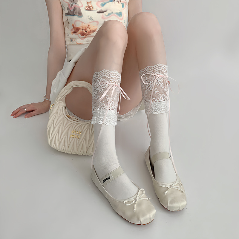 Japón blanco encaje calcetines de pantorrilla Lolita cinturón de cinta rodilla calcetines anti-deslizante