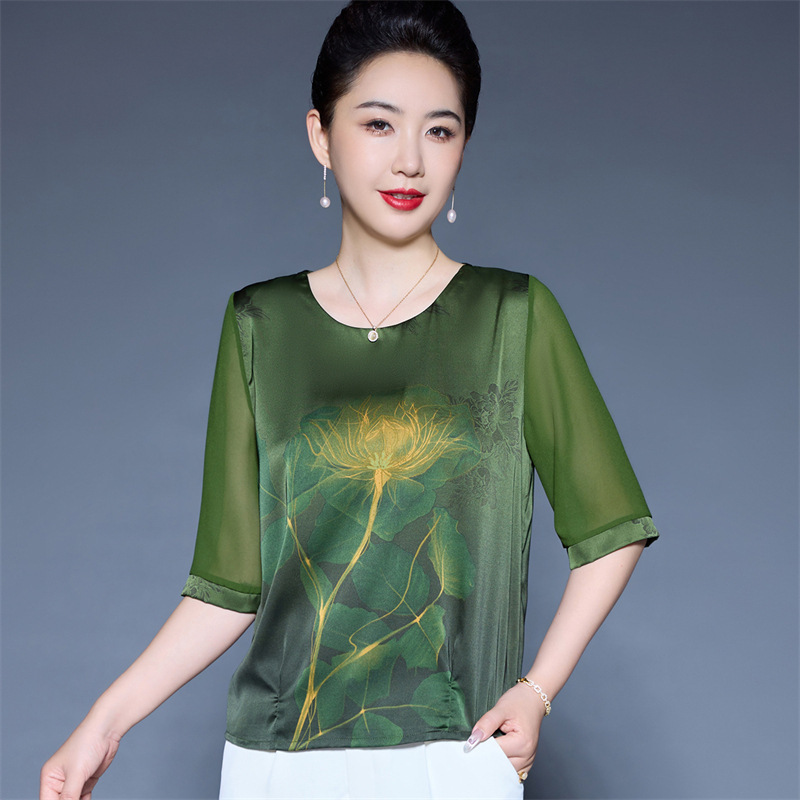 2025 Mother's Day Summer New Hangzhou High-grade Ice Silk Top Female Middle-aged Mother Elegant T-shirt Printed Shirt