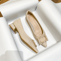 2024 New Shallow Mouth Medium High Heels   Diamond Square Button Shoes Large Women's Shoes