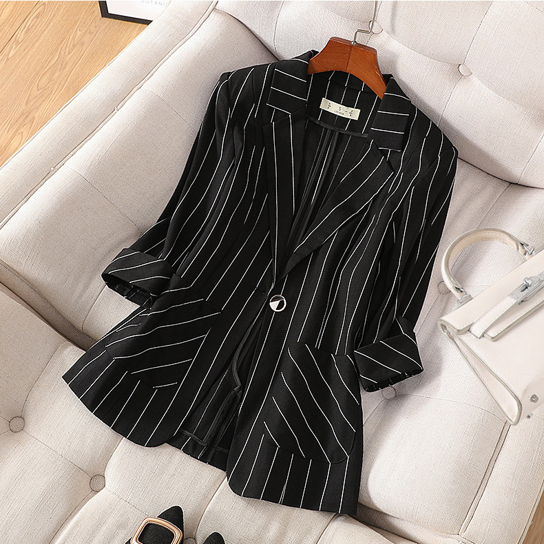 Striped Blazer for Women, Mid-Length, 2025 Spring/Summer New Style, Thin, Three-Quarter Sleeves, Fashionable, Elegant, Slim-Fit Suit