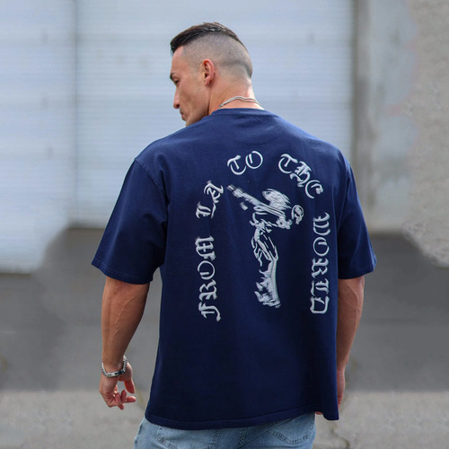 YOUNGLA Summer Men's Oversized T-Shirt American Style Fashion Trend Print Short Sleeve Sports Fitness T-Shirt