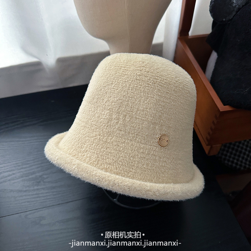 毛绒绒日系卷边盆帽女冬季加厚保暖盆帽优雅圆顶淑女帽子简约纯色|undefined