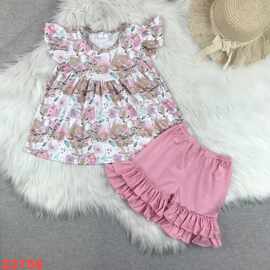 欧美精品店童装外贸批发粉红色麋鹿花朵印花女孩小飞袖套装
