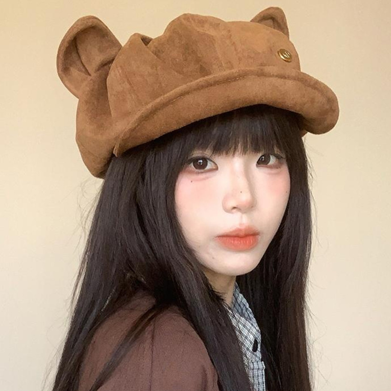 韩版简约小熊耳朵八角帽子女宽檐显脸小秋冬季新款甜酷时尚画家帽|undefined