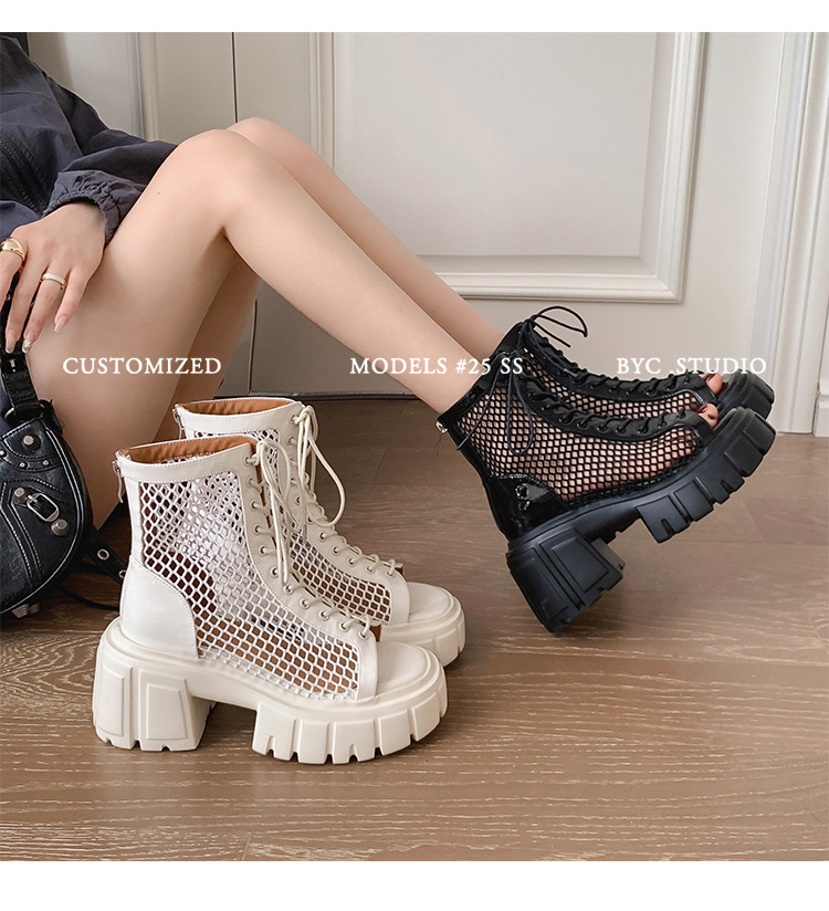 Boot lưới hở mũi nữ đế dày da thật dây thắt Martin 2025 — Màu đen, Màu trắng chi tiết 23