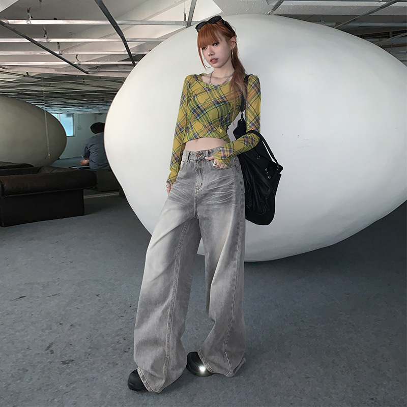 Tone Retro Old Street Style Atmosphere Lazy Slack Blogger Afternoon Tea Ripple Grey Wide Leg Jeans Women