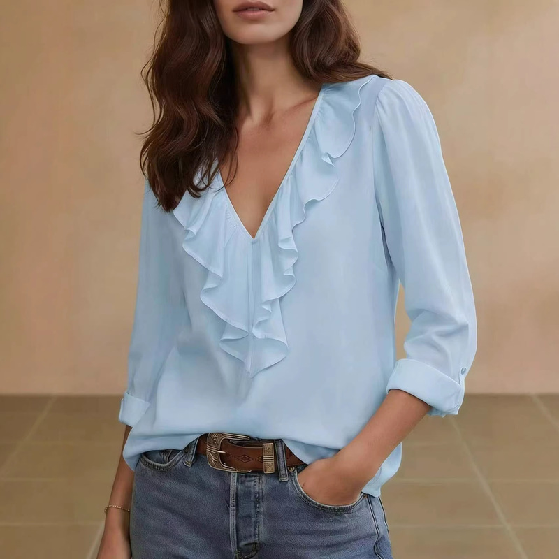 2026 Cross-Border Amazon V-Neck Lace European and American Independent Women's New Style Shirt