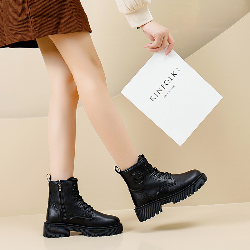 2023 Autumn/winter New British Style Martin Boots Wearing Fashion Sleeve Thick Bottom Round Toe Short Boots Leather Boots for Women_voghion.com