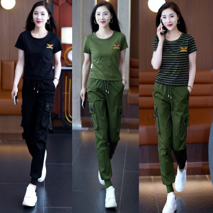 Summer T-shirt crew neck short sleeve top women's slim overalls pants toe pants elastic waist sailor dance suit two-piece set