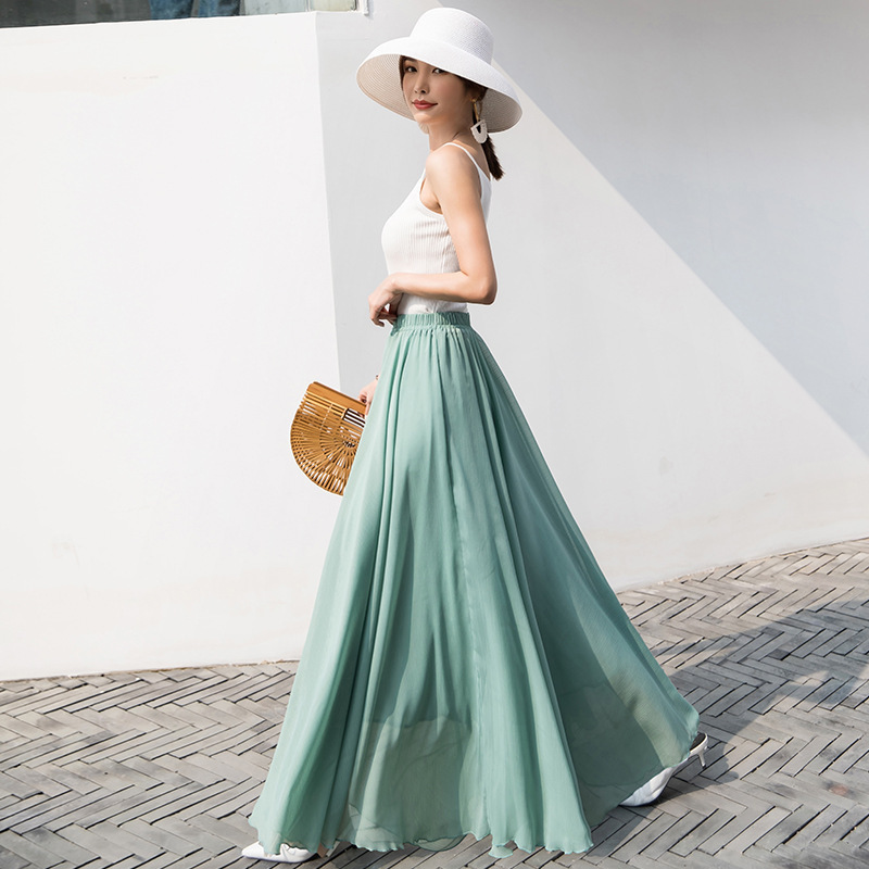 2020 New Summer Chiffon Skirt Mid-Length Large Size Elastic Waist Elegant Large Hem Half Skirt