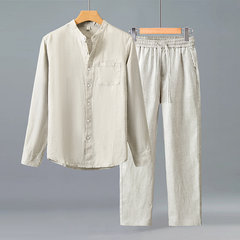 Spring and Autumn Linen Long-Sleeve Shirt Men's Chinese Style Casual Pure Linen Pocket Shirt Loose Long Pants Linen Suit Spring and Autumn Linen Long-Sleeve Shirt Men's Chinese Style Casual Pure Linen Pocket Shirt Loose Long Pants Linen Suit