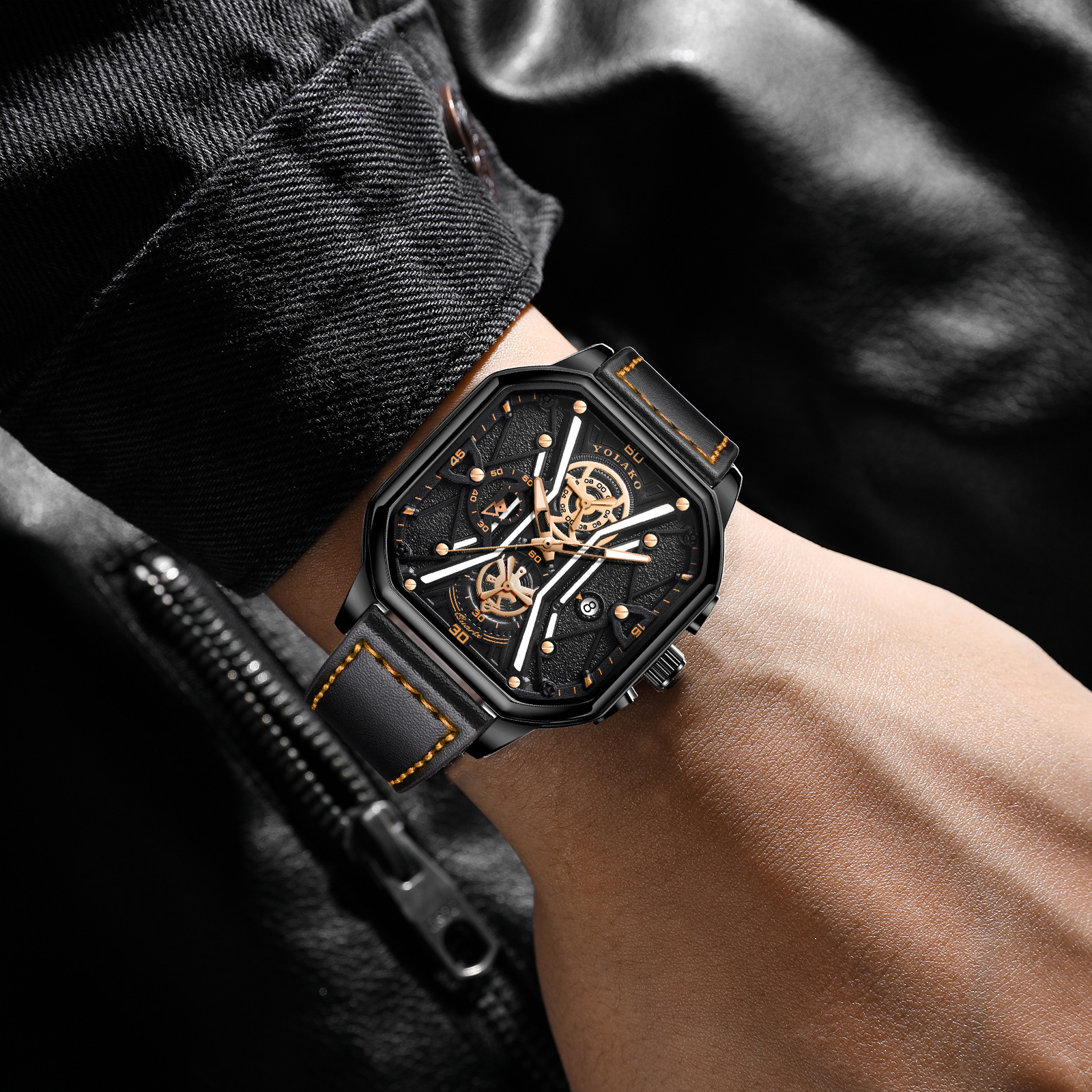 New square men's watch Fashion shaking tape and double dial temperament student wristwatch_voghion.com