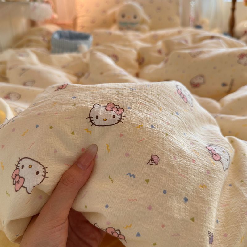 J5D Butterfly Girl Heart Double-Layer Yarn Student Dormitory Bed Three-Piece Bed Sheet Quilt Cover Hello Kitty Children's Bed Four