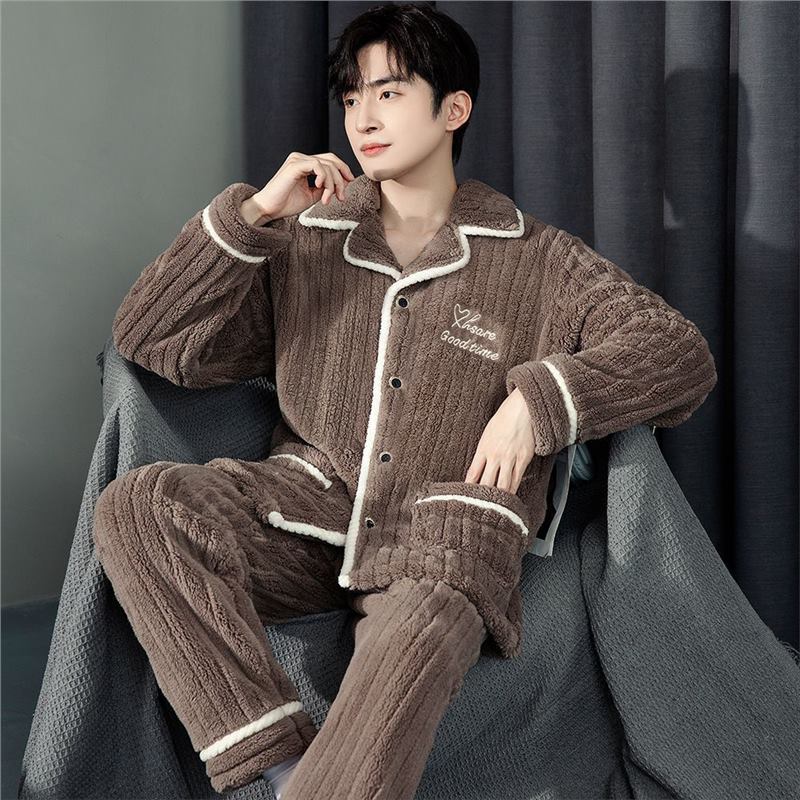Pijama de lujo ligero de hombre engrosado de franela calentamiento conjunto coreano de mangas largas cardigan coral ropa para el hogar grande otoño