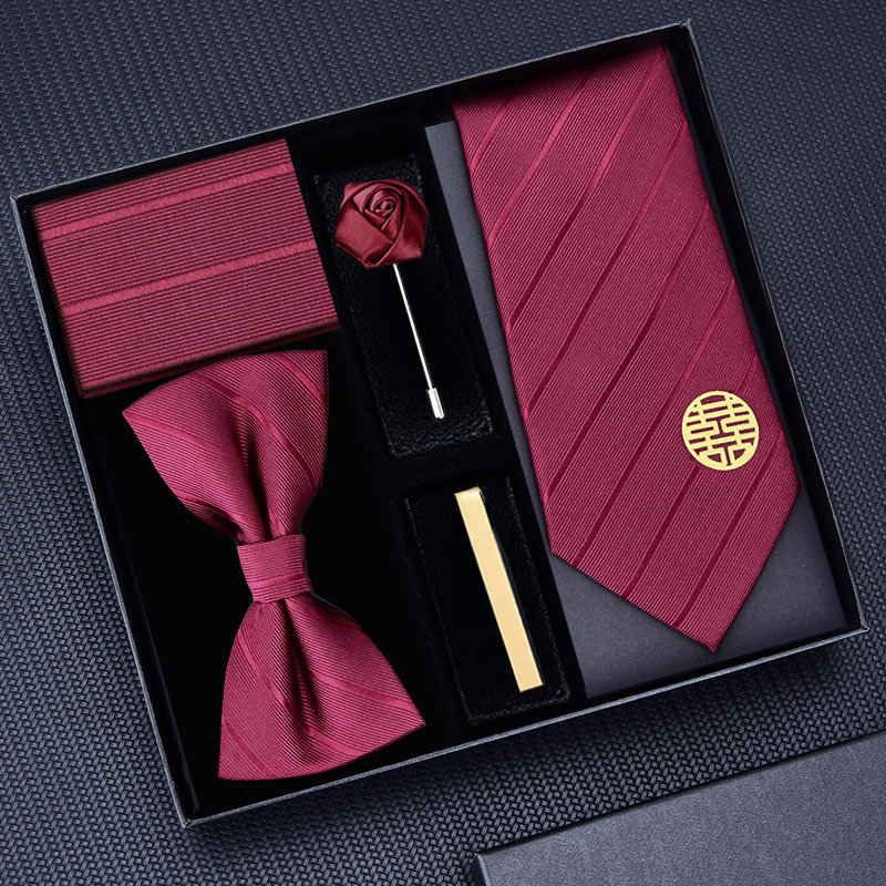 Five-piece tie set] wedding festive tie formal dress groom tie clip suit bow tie brooch laser LOGO