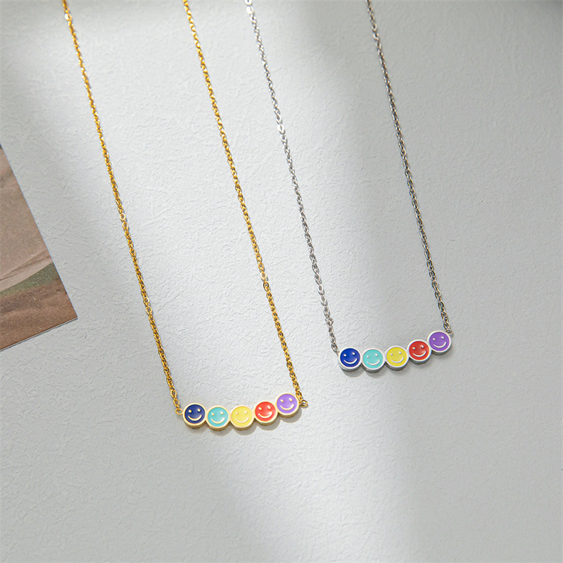Wholesale Sweet Simple Style Rainbow Smiley Face Titanium Steel Pendant Necklace_colorza_6