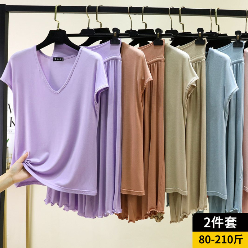 Modal V-Neck Sleeveless T-Shirt and Cropped Pants Set for Women, Summer Loose Pajamas, Sleepwear, Loungewear Two-Piece Set Modal V-Neck Sleeveless T-Shirt and Cropped Pants Set for Women, Summer Loose Pajamas, Sleepwear, Loungewear Two-Piece Set