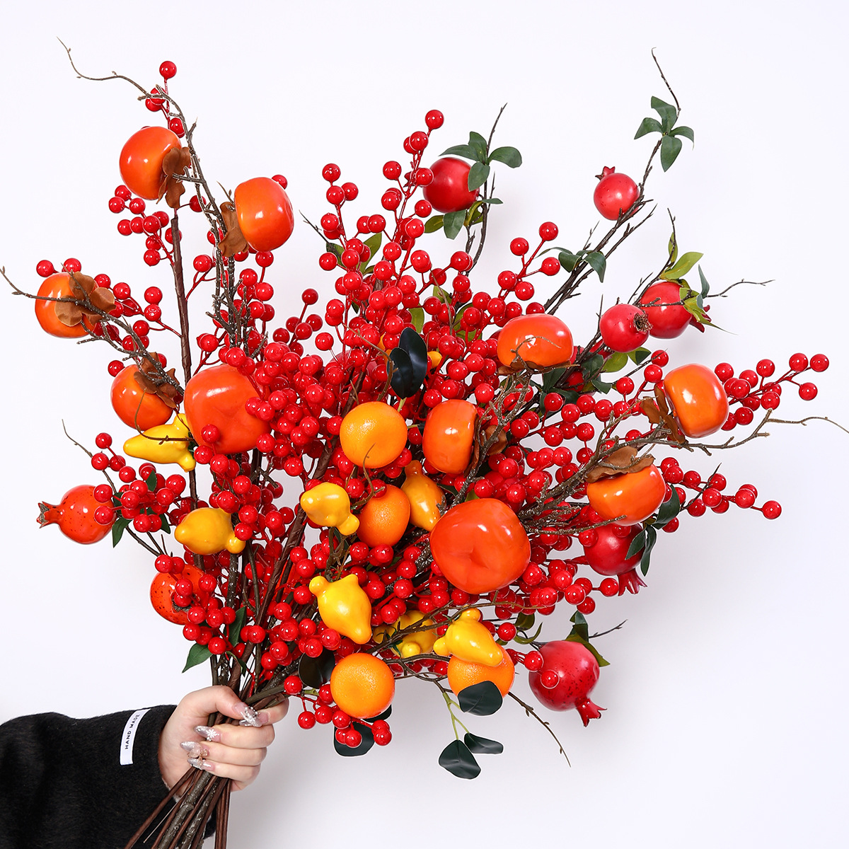 新年福桶摆件北美冬青红果花瓶装饰冬青果年宵花材花家居仿真冬青