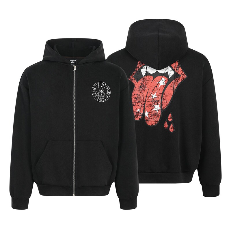 American-Style Washed Stone-Washed Red Tongue Vintage Print Hooded Zip-Up Sweatshirt Unisex High Street Cross-Border Popular Jacket