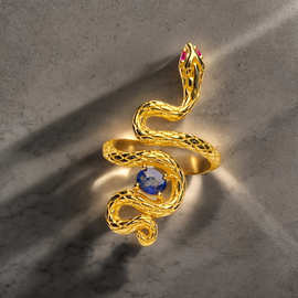 天然蓝宝石戒指蛇鳞纹戒臂设计女士款925银镶钻灵蛇图腾生日礼物