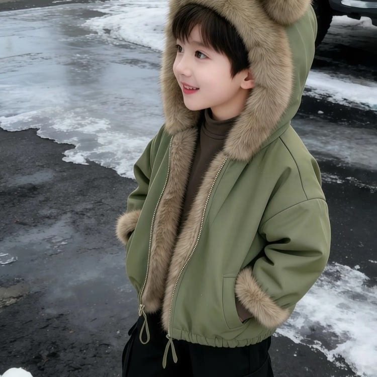 Boys' fleece-lined jacket, autumn/winter 2026 new style, thickened for this year's trendy and stylish winter wear for baby girls, parka style
