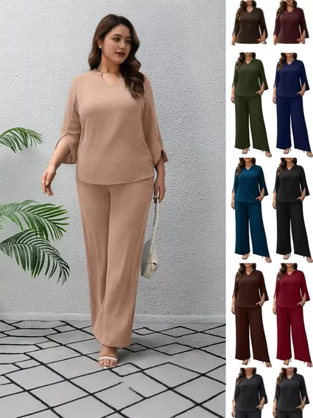 2026 Plus Size European and American Fashion V-Neck Loose Pants with Pockets Wide-Leg Seven-Quarter Sleeve Set for Women