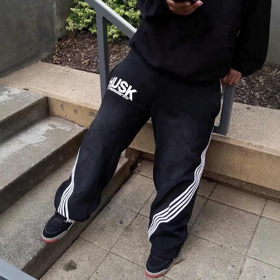 Pantalones deportivos de cintura doble a rayas de estilo hip-hop retro europeo y americano transfronterizo, pantalones largos deportivos informales de pierna recta y holgados, de dos piezas.