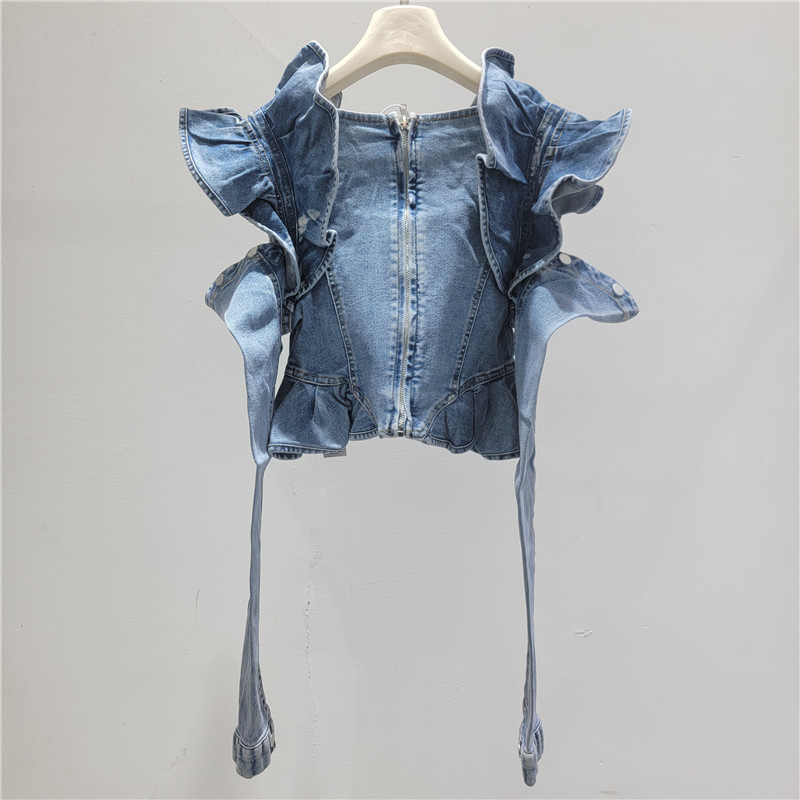Primavera y verano nuevo estilo de moda estereoscópico borde de hoja de loto abierto mangas largas delgadas delgadas elásticas chaqueta de vaqueros image 2