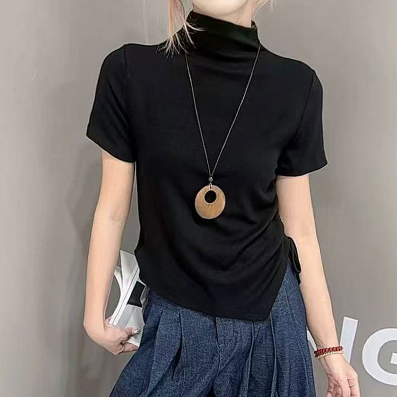2025早秋新款休闲洋气半高领韩版百搭不规则条纹短袖T恤女打底衫|undefined