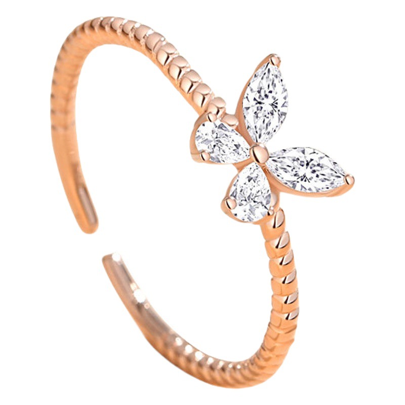 S925 plata flash diamante mariposa anillo hembra japonés y coreano pequeño fresco boca abierta animal hembra anillo geométrico redondo con incrustaciones de circón joyería